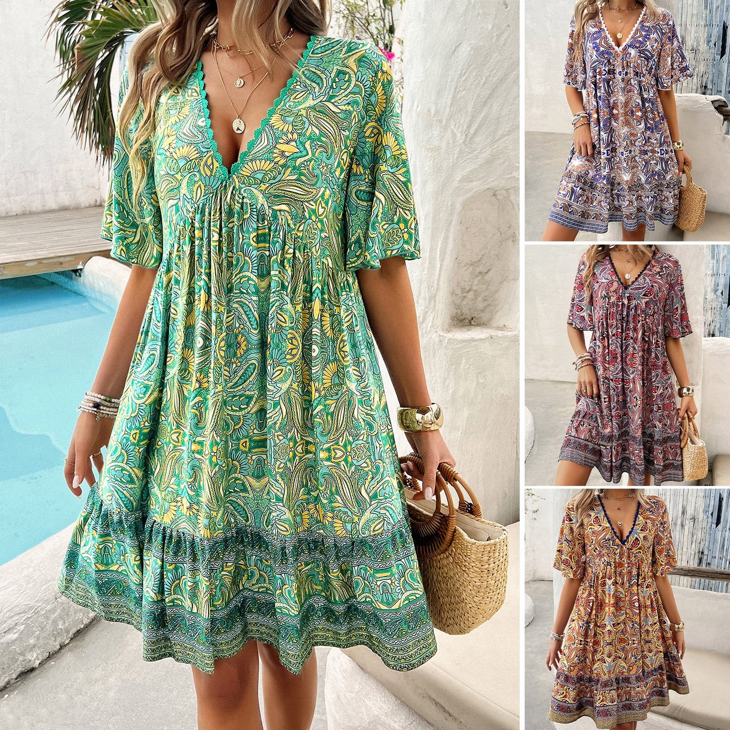 Robe Bohème à Imprimé et Col V