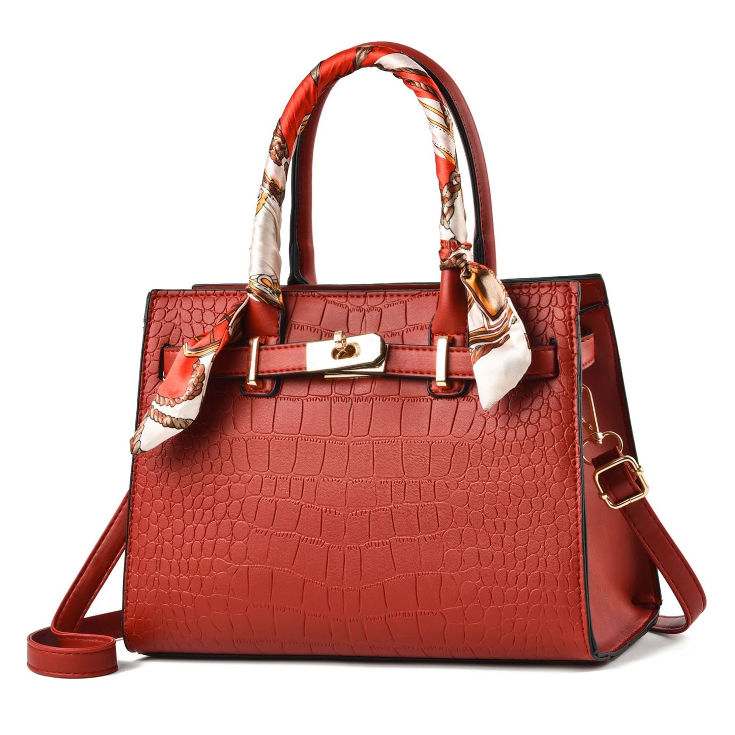 Sac à Main Élégant à Motif Croco avec Foulard
