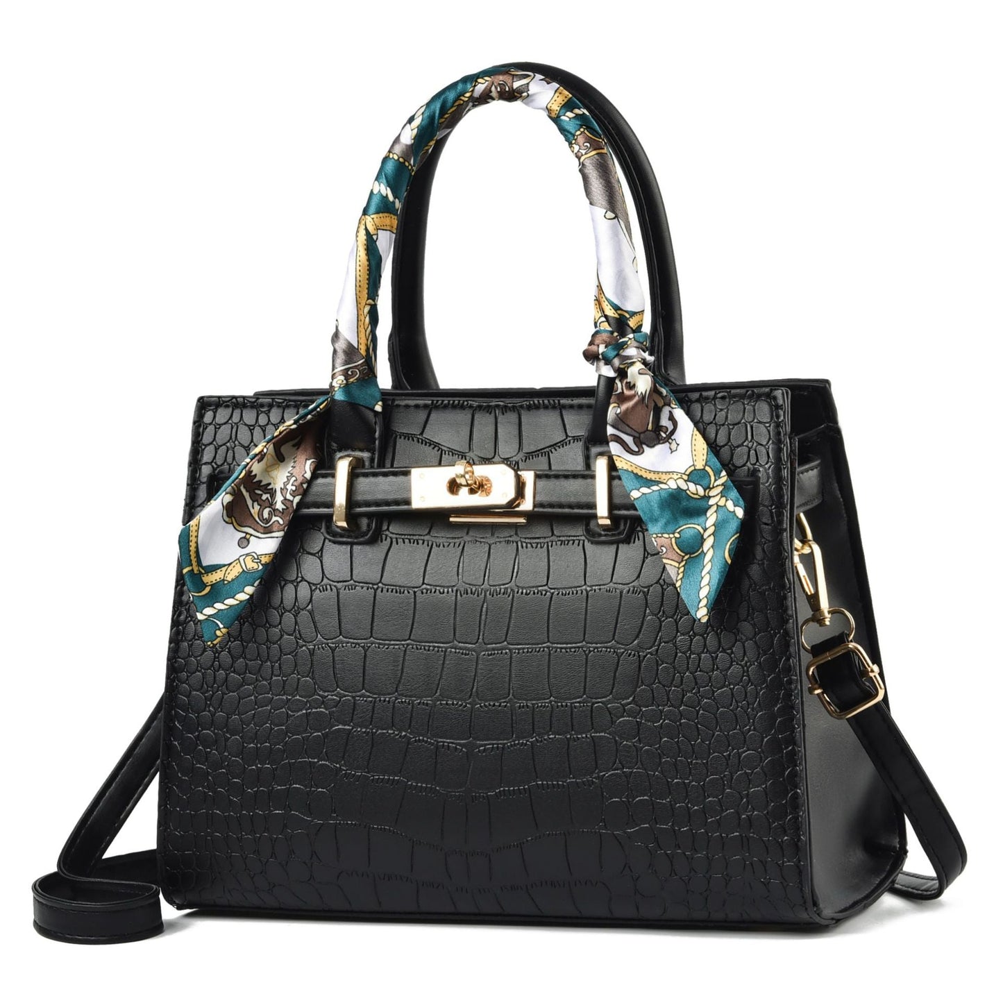 Sac à Main Élégant à Motif Croco avec Foulard