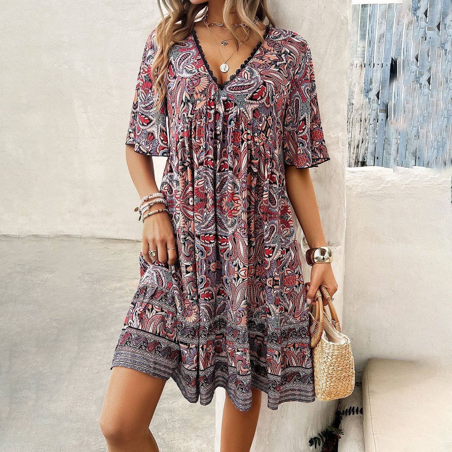 Robe Bohème à Imprimé et Col V