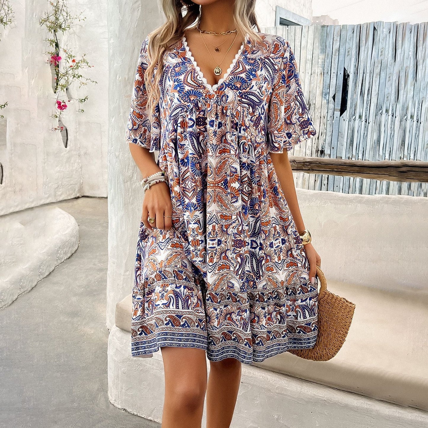 Robe Bohème à Imprimé et Col V