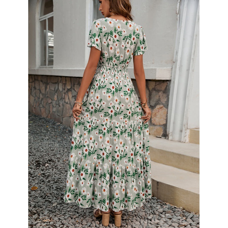V-neck Short Sleeve Rayon Printed Dress Women