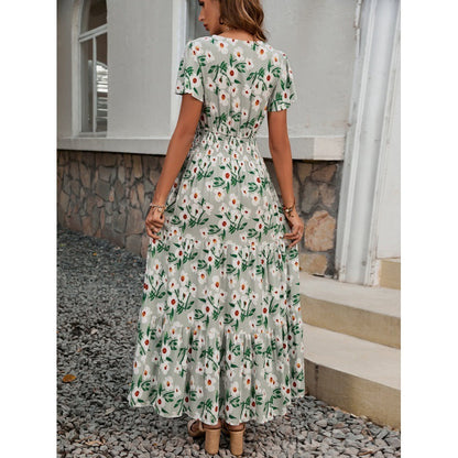 V-neck Short Sleeve Rayon Printed Dress Women