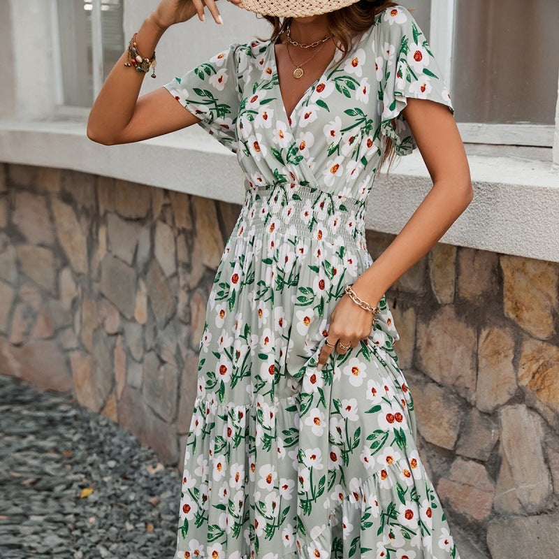 V-neck Short Sleeve Rayon Printed Dress Women