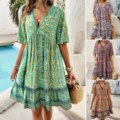 Robe Bohème à Imprimé et Col V