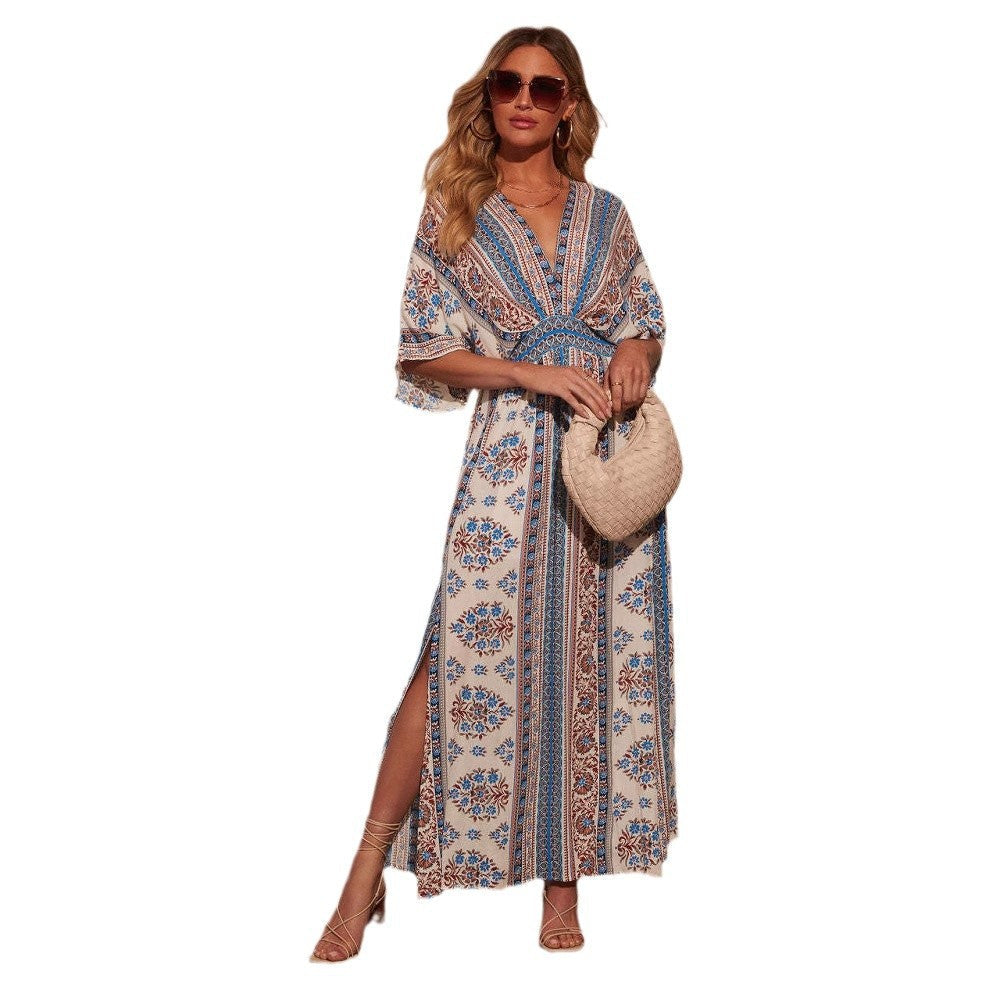 Robe Longue Bohème à Imprimé Tropical