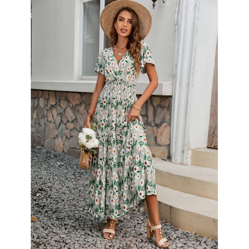 V-neck Short Sleeve Rayon Printed Dress Women