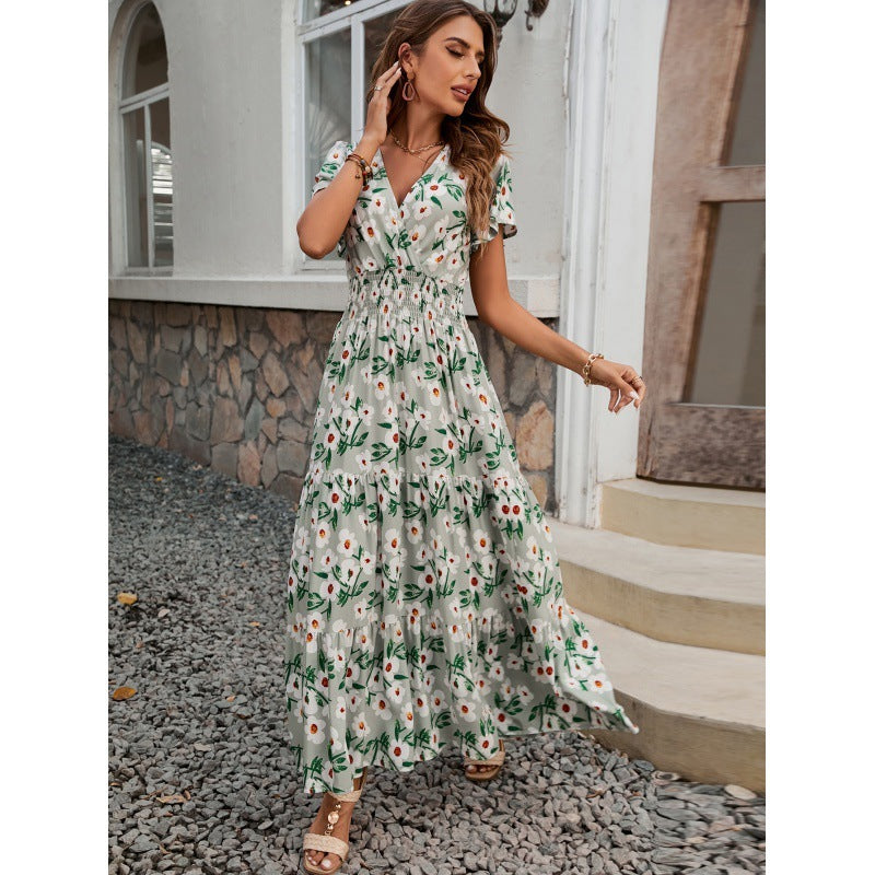 V-neck Short Sleeve Rayon Printed Dress Women