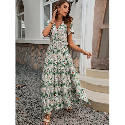 V-neck Short Sleeve Rayon Printed Dress Women