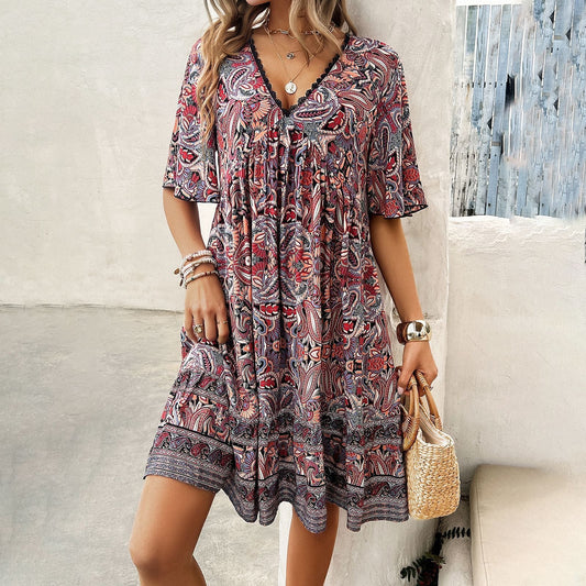 Robe Bohème à Imprimé et Col V