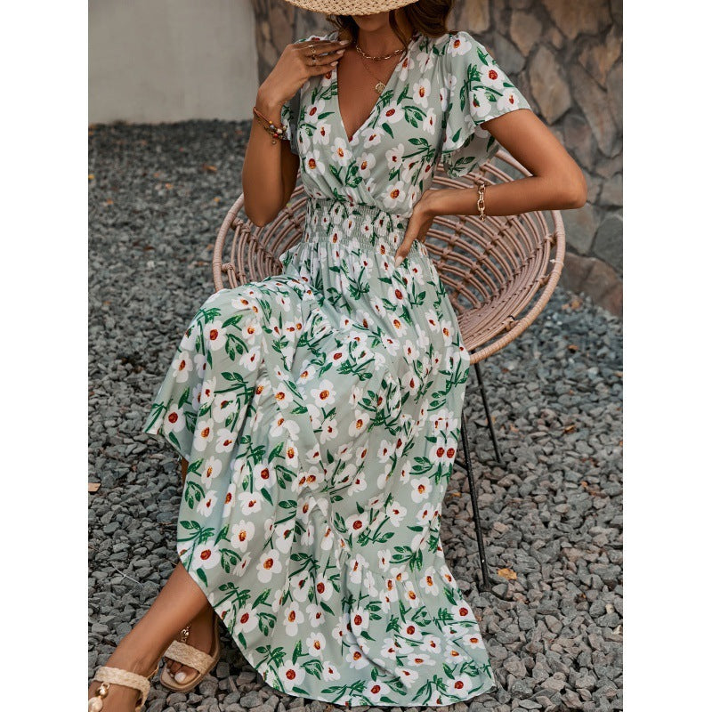 V-neck Short Sleeve Rayon Printed Dress Women
