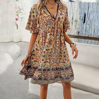 Robe Bohème à Imprimé et Col V