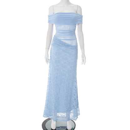 Robe Longue Épaules Dénudées en Maille Transparente