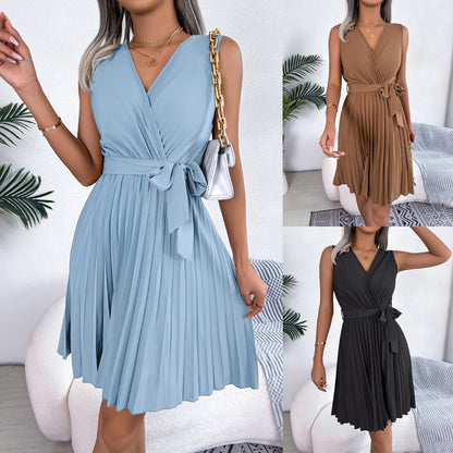 Robe Plissée Élégante à Col V Croisé