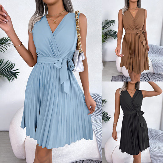 Robe Plissée Élégante à Col V Croisé